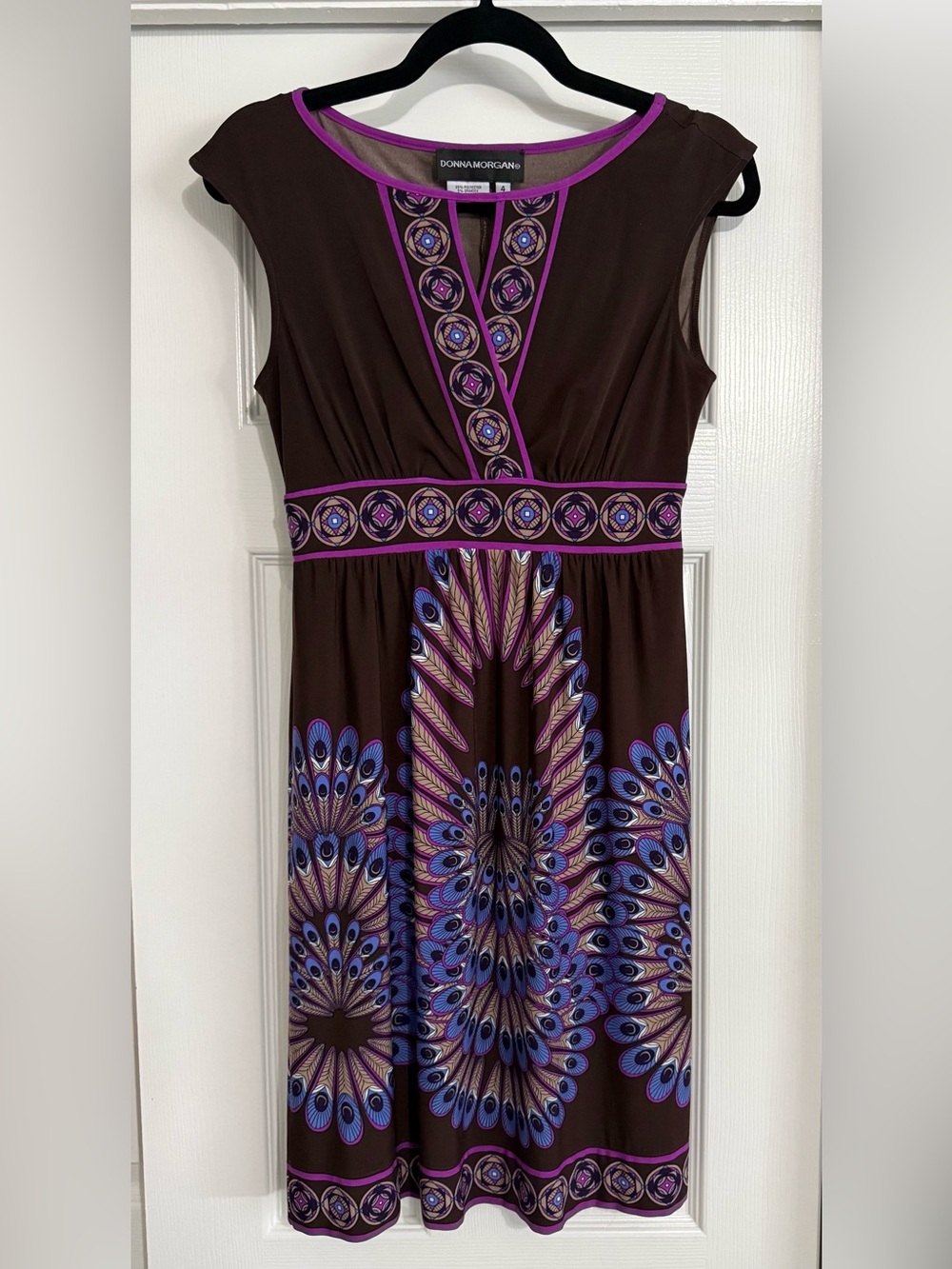 Donna Morgan Brown Dress with Purple and Blue Medallion Print